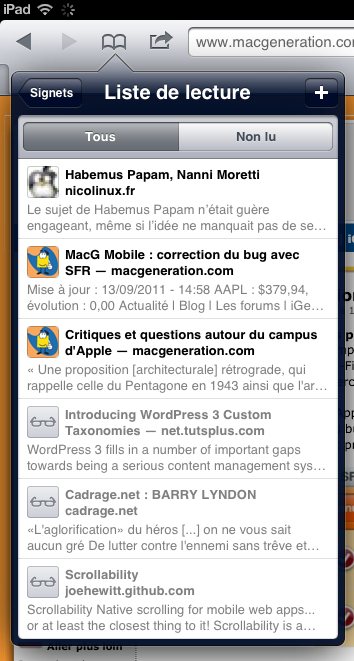 liste de lecture safari mobile